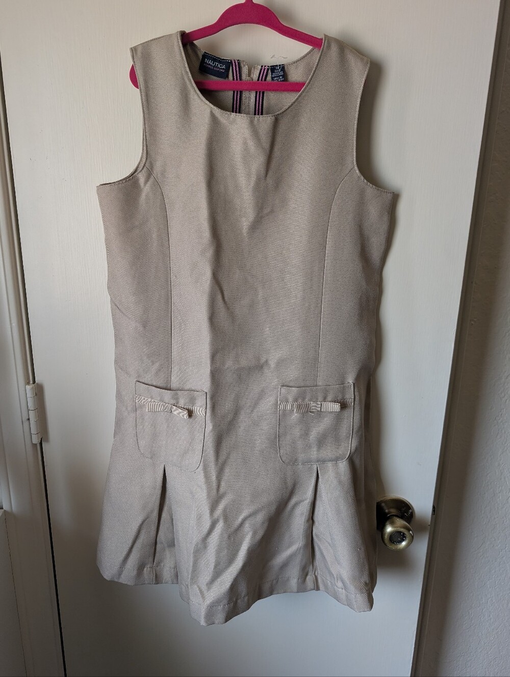 Nautica Beige Sleeveless Shift Dress with Bow-Trim Pockets-uniform-back To Schoo